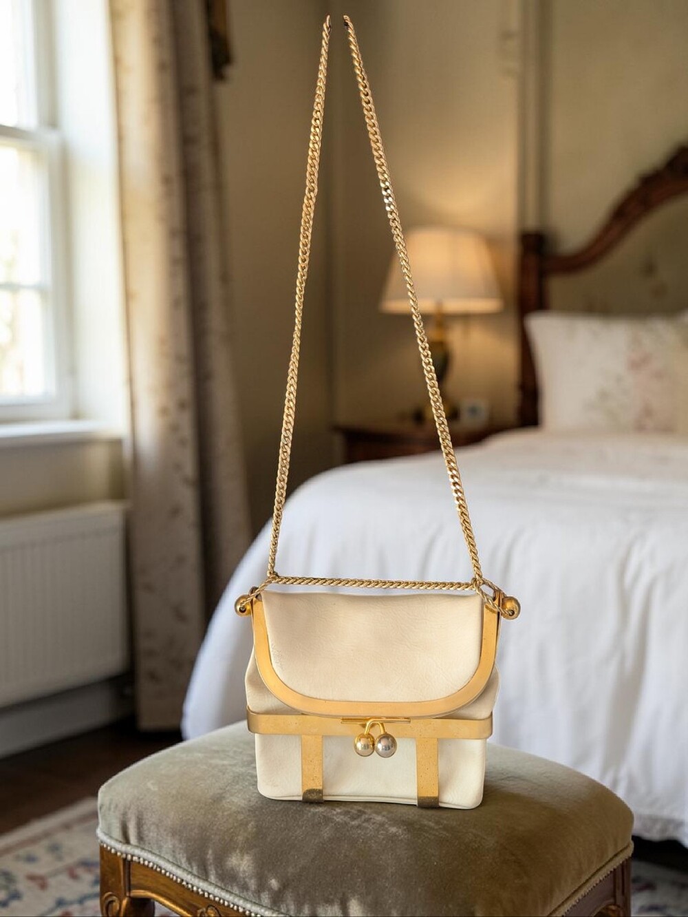 Rosenfeld Rare Vintage Cream Leather and Gold Chain Kisslock Shoulder Bag